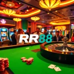 Exciting casino scene showcasing RR88 with roulette wheel and players.