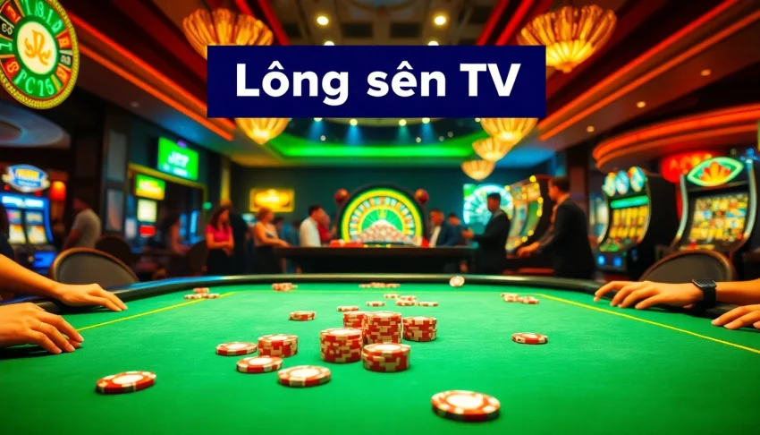 Lương sơn TV immerses players in an exciting online casino atmosphere featuring vibrant poker tables, lively crowds, and bright slot machines.