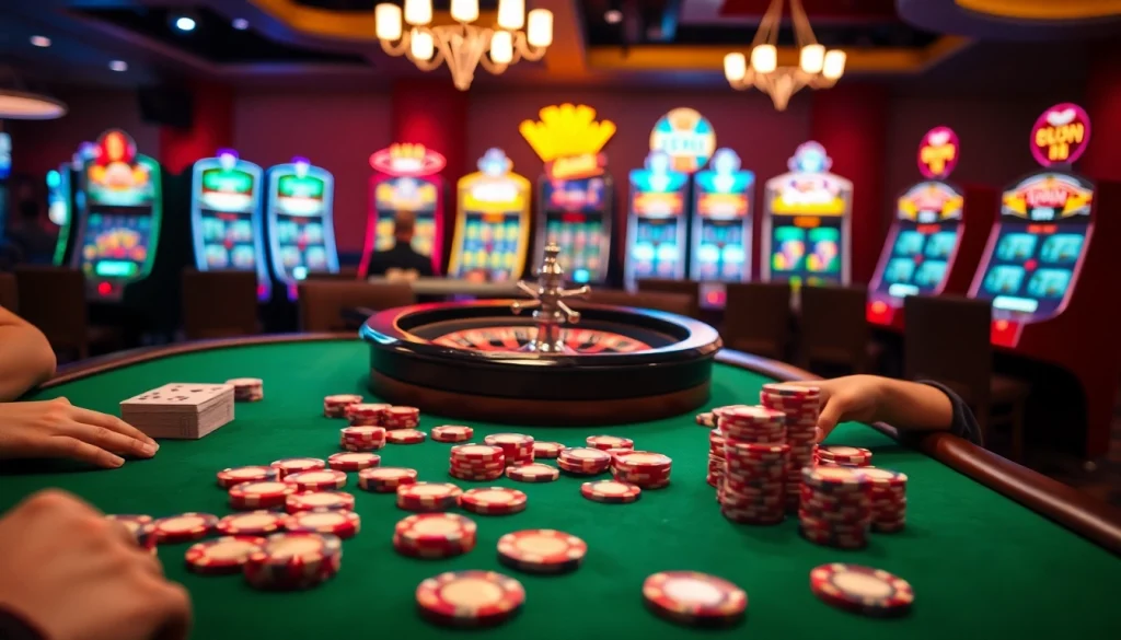 Players gather around a poker table at a casino, engaging in thrilling games available at https://okfun.accountant/.