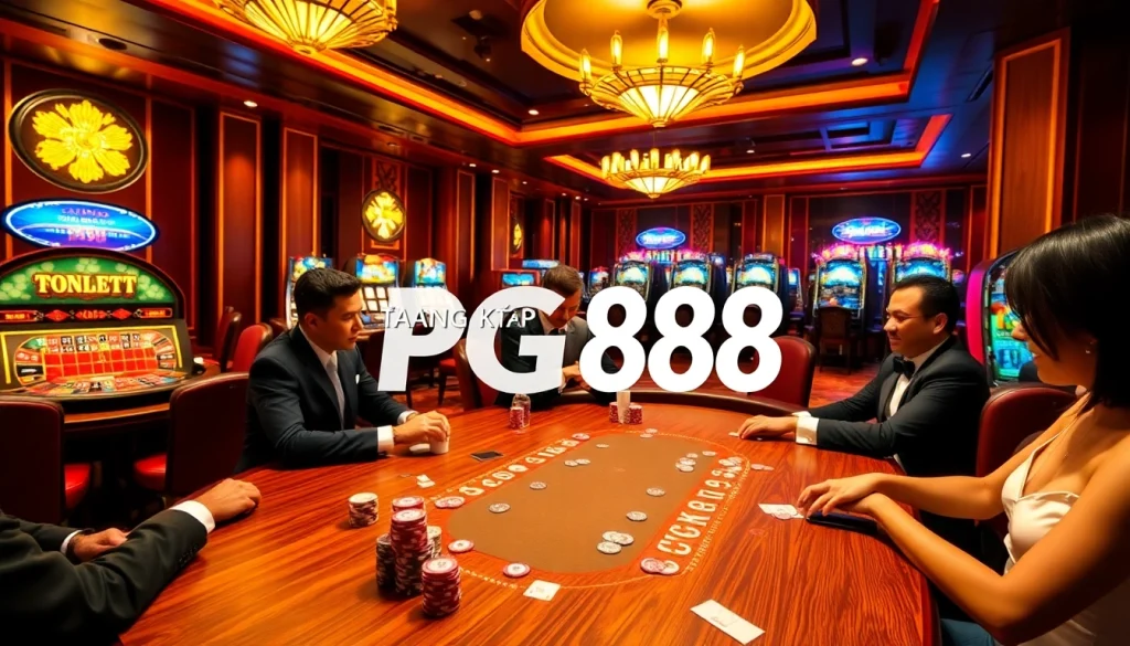 Engage with the thrill of Đăng Ký PG88 at a bustling casino featuring poker tables, roulette, and slots.