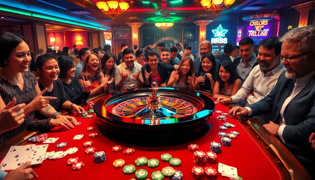 Experience the thrill at RR88 casino with diverse gamers at a lively roulette table.