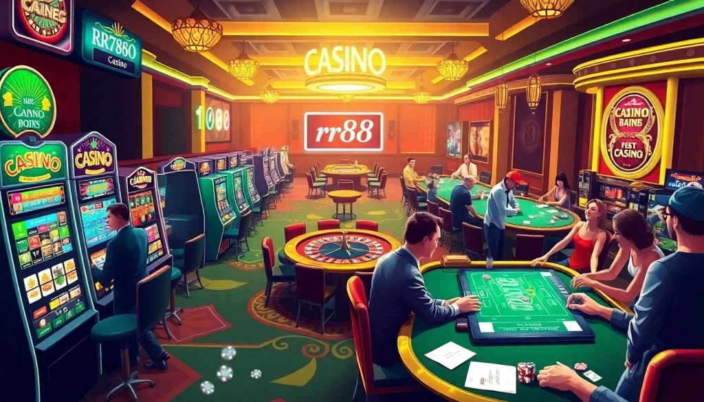 Experience the vibrant casino ambiance at https://rr88.com.se/, with players engaged in exciting gaming activities like poker and slots.