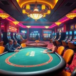 Experience the thrilling ambiance of a go8-inspired casino with players at a vibrant poker table, enjoying the excitement.