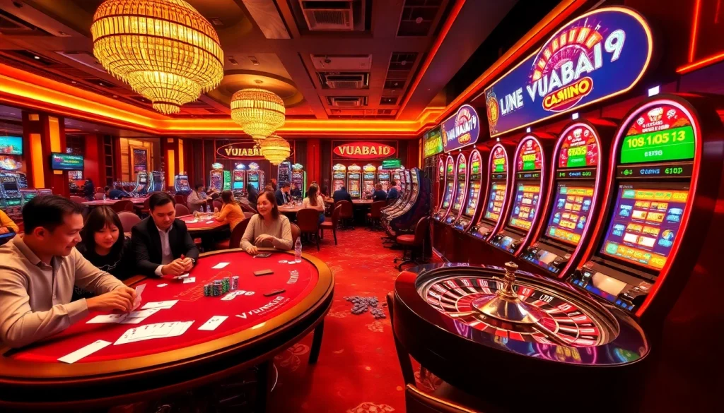 VUABAI9 casino scene with players engaged in poker, roulette, and slot machines enjoying vibrant gaming atmosphere.