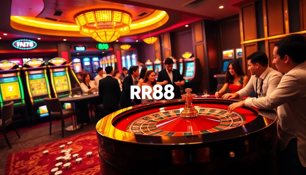 RR88 offers an exhilarating casino experience with players enjoying roulette, slots, and poker.