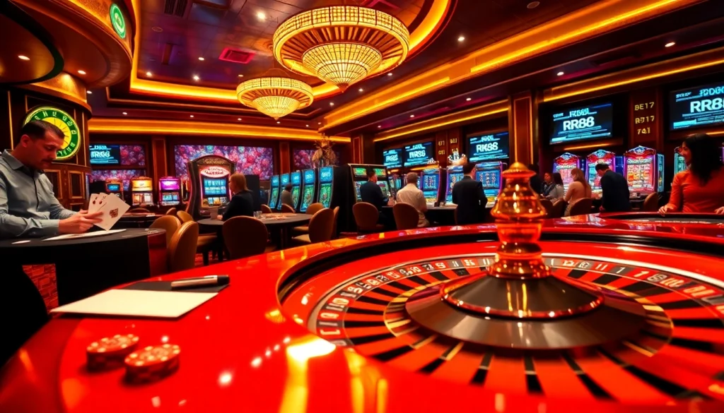 RR88 casino experience with players at roulette and poker tables in a vibrant atmosphere.