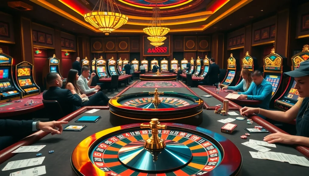 Experience the thrilling gameplay at aa888 Gambling Hall with players enjoying roulette and poker under vibrant lights.
