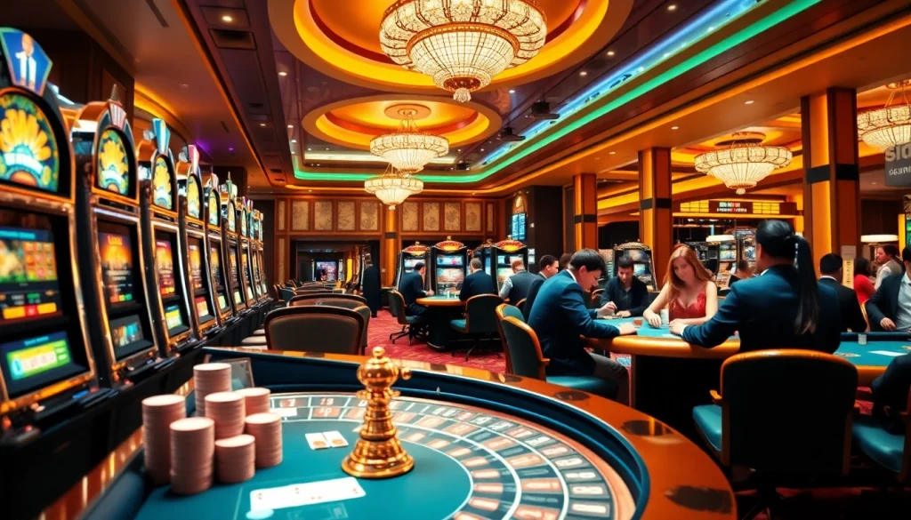 Players enjoying various games at AAAJILI Casino, featuring vibrant slot machines and roulette tables.