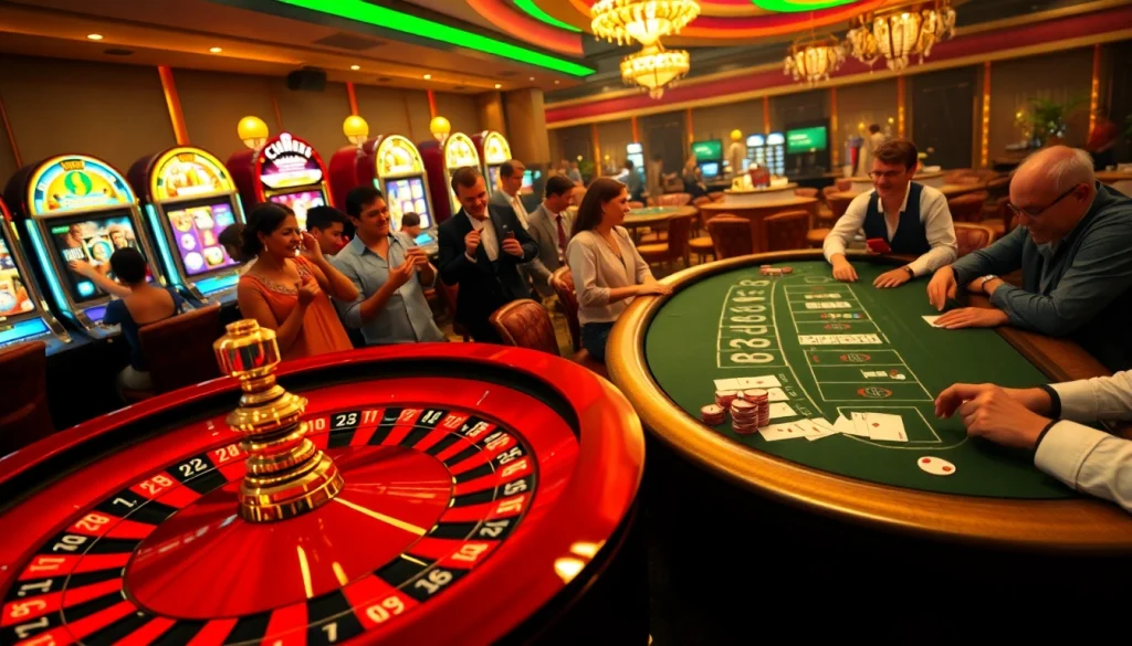 Experience the thrill of jogoluck at a lively casino with a spinning roulette wheel and excited players.