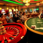 Experience the thrill of jogoluck at a lively casino with a spinning roulette wheel and excited players.