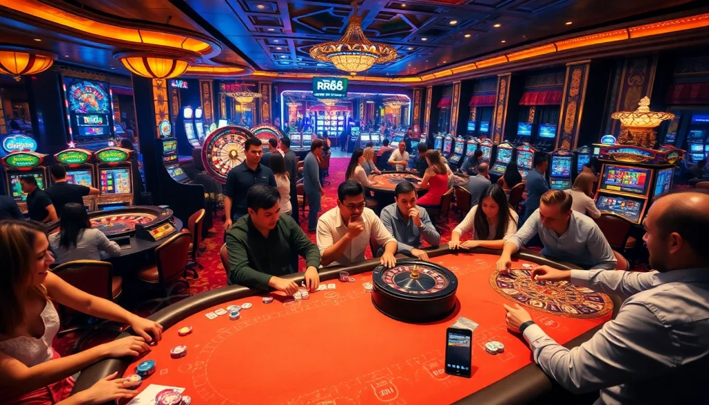 RR88 casino scene showcasing diverse players at tables and vibrant slot machines.