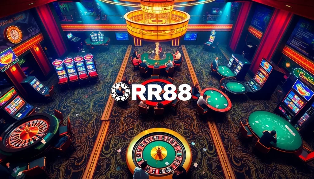 Experience the thrilling atmosphere of RR88's casino with active gameplay at blackjack tables and bright slot machines.