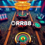 Experience the thrilling atmosphere of RR88's casino with active gameplay at blackjack tables and bright slot machines.