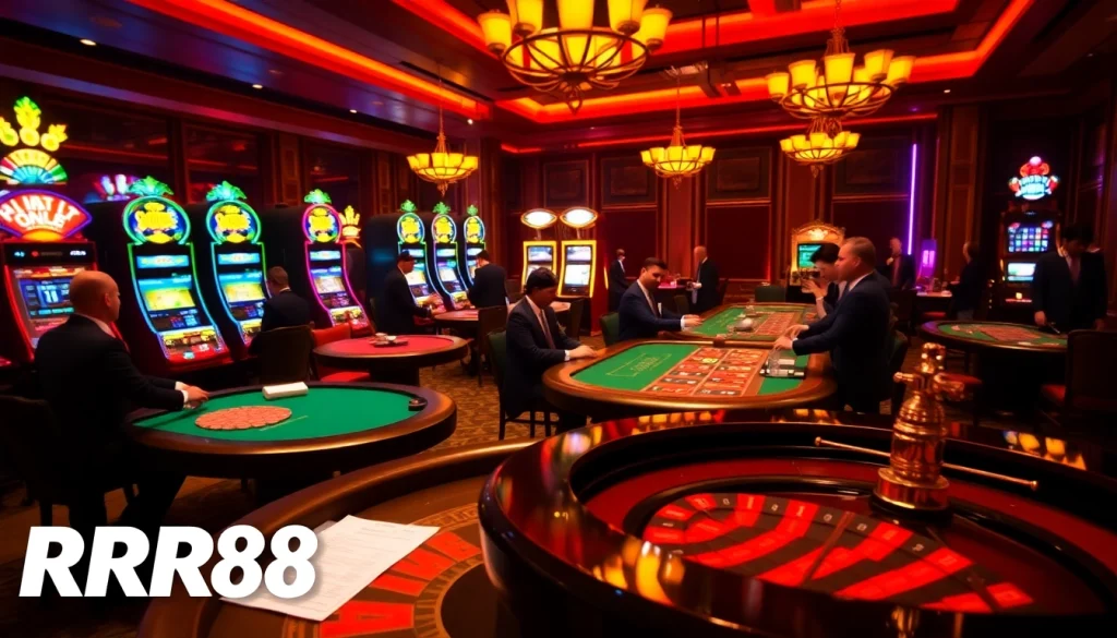 Experience the excitement of RR88 with players at a vibrant casino table.