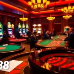 Experience the excitement of RR88 with players at a vibrant casino table.