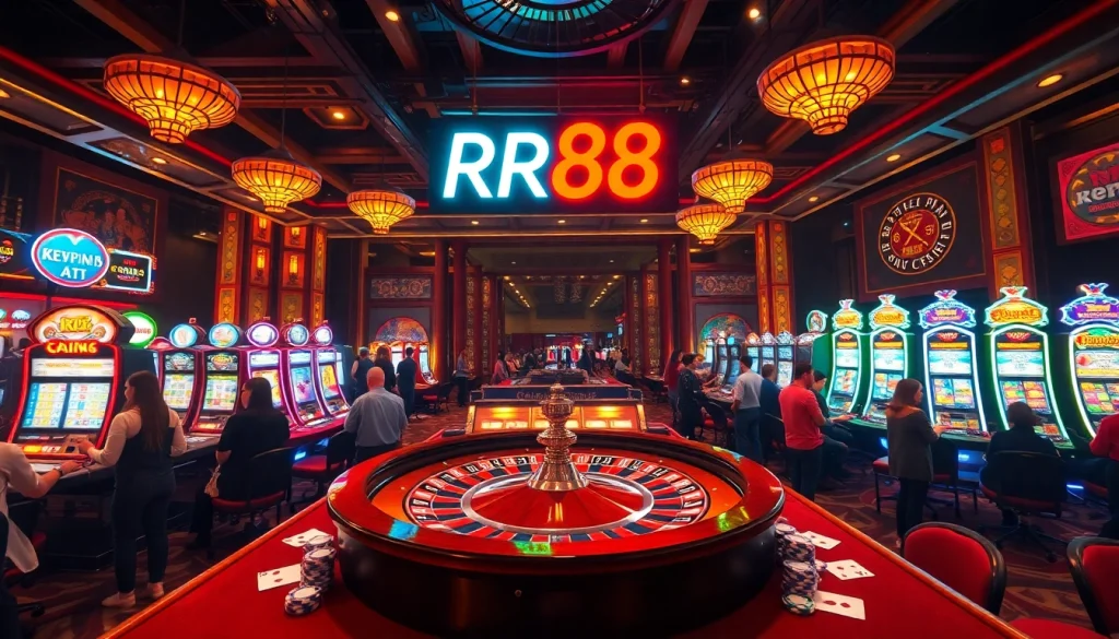Players enjoying a thrilling evening at RR88 casino, featuring roulette and slots in a vibrant atmosphere.