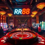 Players enjoying a thrilling evening at RR88 casino, featuring roulette and slots in a vibrant atmosphere.