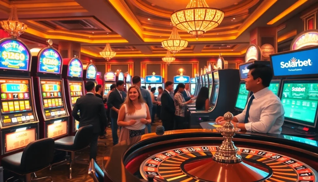 Solarbet offers an engaging casino experience with vibrant slot machines and enthusiastic players at roulette tables.