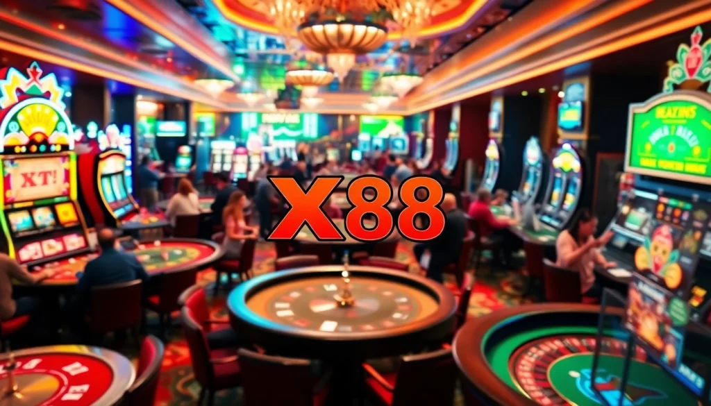 Exciting casino scene featuring players at tables and slot machines with the keyword XX88 highlighted in the decor.