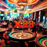 Exciting casino scene featuring players at tables and slot machines with the keyword XX88 highlighted in the decor.