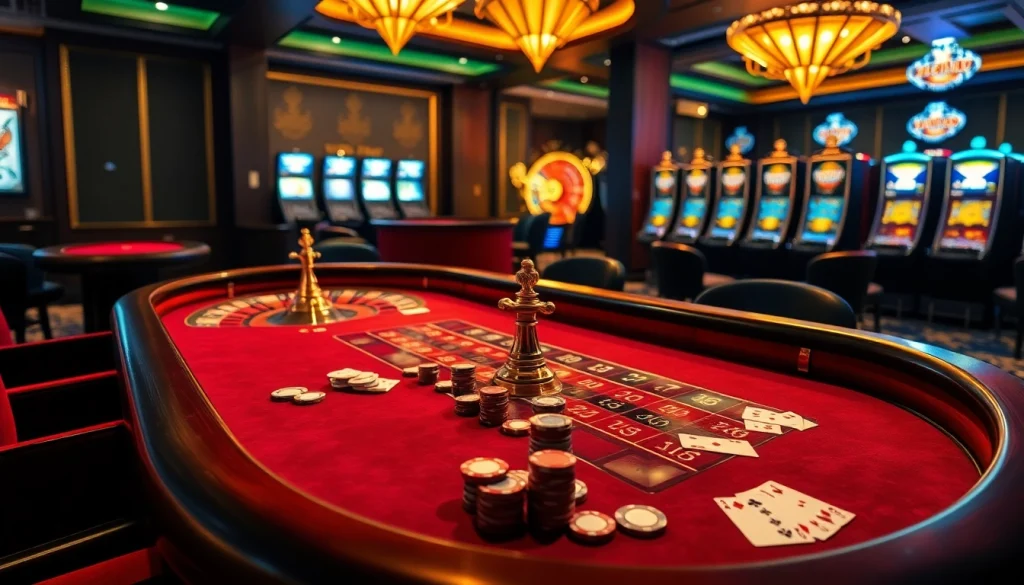 RR88 casino table showcasing players at blackjack, with a roulette wheel in a luxurious setting.