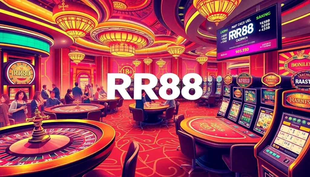 Experience the thrilling gameplay of RR88 at a luxurious casino with poker tables, roulette wheels, and vibrant slot machines.
