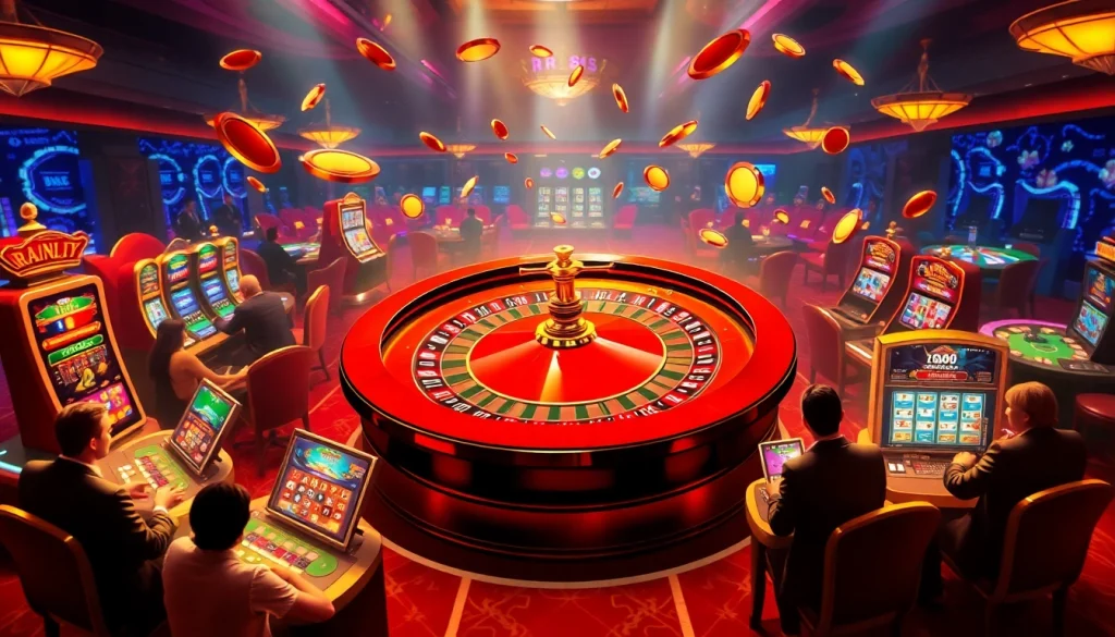 RR88 players rolling dice and spinning a roulette wheel in an exciting casino environment.