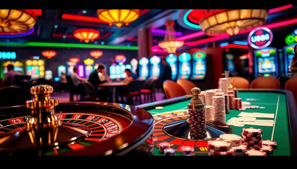 U888 casino scene with players at roulette and poker tables, showcasing vibrant energy.
