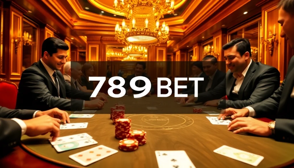 Experience an exhilarating poker game at 789BET casino, showcasing vibrant chips, intense players, and luxury.