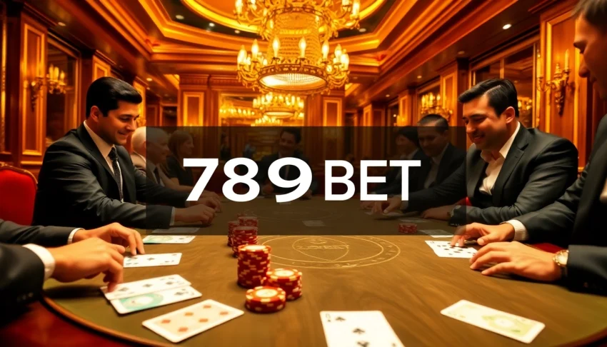 Experience an exhilarating poker game at 789BET casino, showcasing vibrant chips, intense players, and luxury.