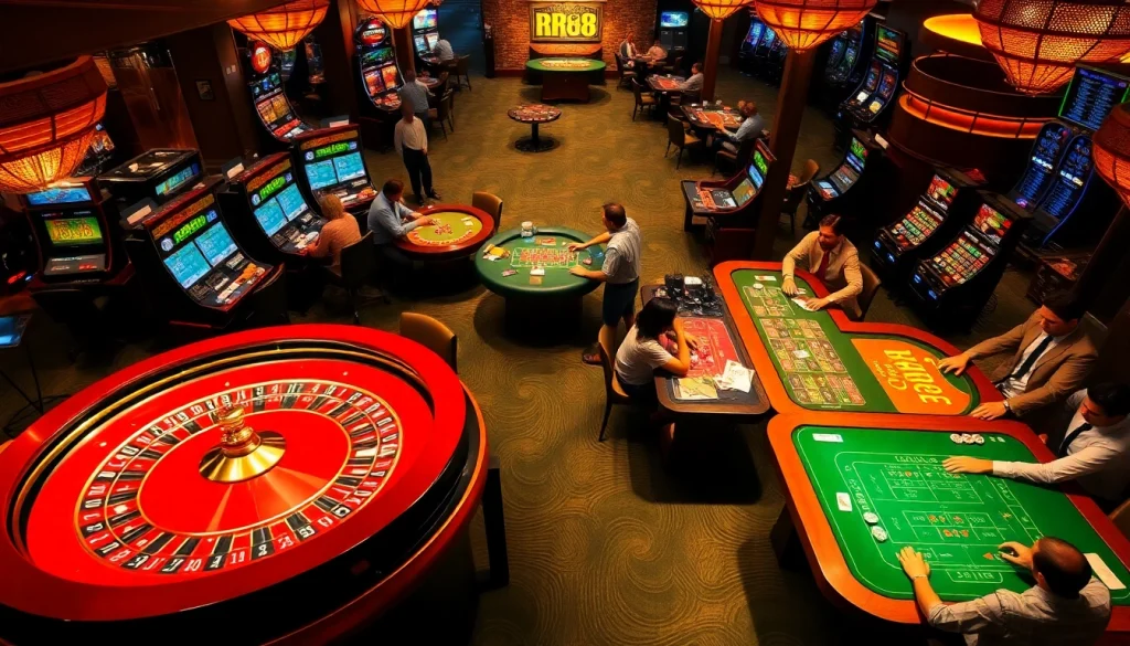 Engaged players at the RR88 online casino, enjoying thrilling games with vibrant slot machines and tables.