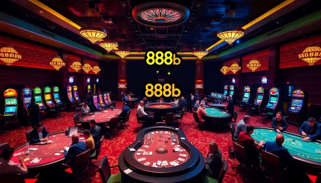 Exciting scene at the casino floor featuring vibrant gaming tables and the 888b logo, capturing the thrill of gambling.