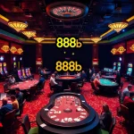 Exciting scene at the casino floor featuring vibrant gaming tables and the 888b logo, capturing the thrill of gambling.
