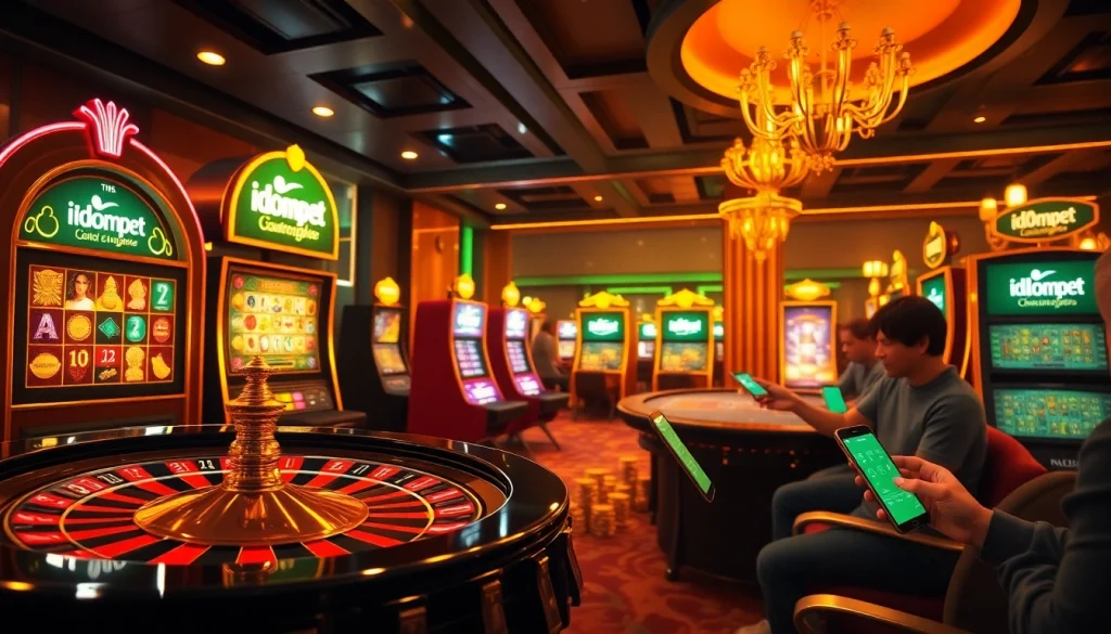Experience the thrilling i1dompet casino environment with vibrant games and engaging players enjoying online betting.
