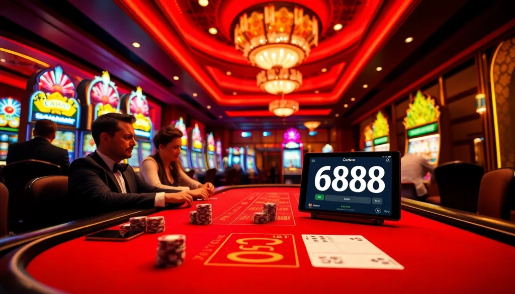 Experience thrilling gaming at 688vbr.br.com with elite gamblers at a blackjack table under dazzling casino lights.