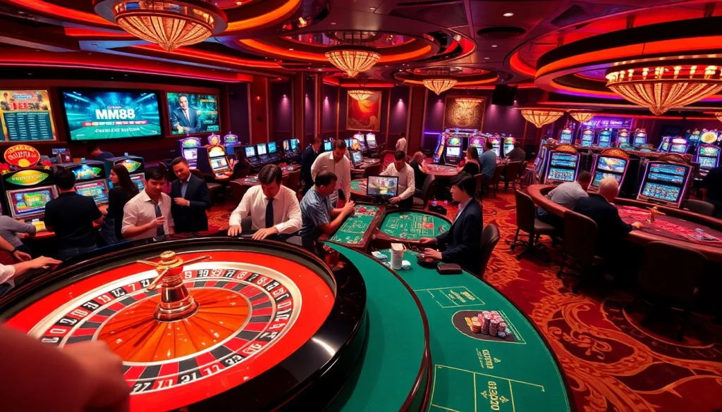 Gamblers excitedly placing bets at an MM88 roulette table in a vibrant casino setting, showcasing the thrill of gaming.