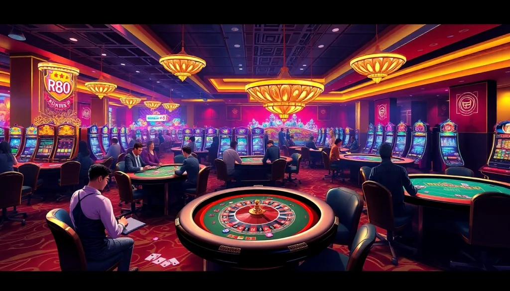 Experience the excitement at RR88's casino floor with lively games, vibrant tables, and eager players.