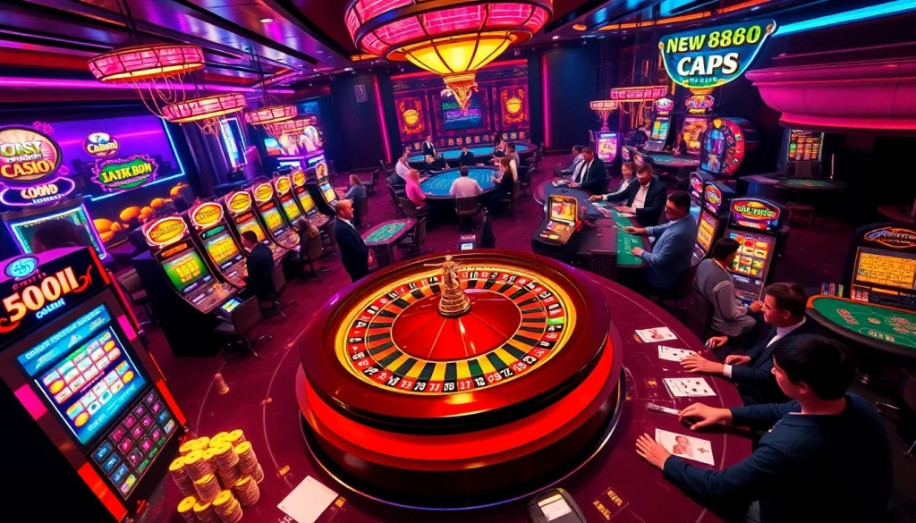 Experience the excitement of new888 with players enjoying poker and blackjack at a vibrant casino.
