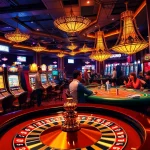 Experience the excitement of gambling at https://rr88.com.se/ with vibrant casino tables, slot machines, and players engaging in games of chance.