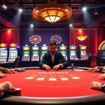 Experience the excitement of bj66 at a vibrant blackjack table with eager players and sparkling casino elements in view.