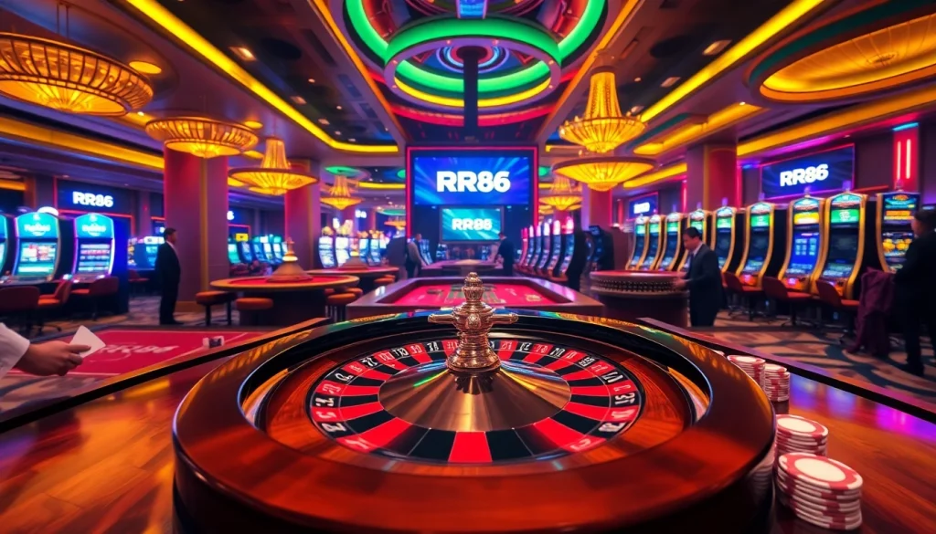 Experience the thrill of gambling at RR88 with players engaged around a roulette table and poker chips glimmering.