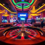 Experience the thrill of gambling at RR88 with players engaged around a roulette table and poker chips glimmering.