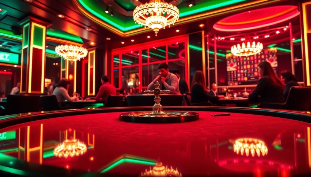Players enjoying a thrilling poker game at Nhà Cái 8XBET casino, surrounded by vibrant neon lights.