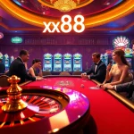 Captivating scene of players at a poker table with xx88 chips, vibrant casino atmosphere.
