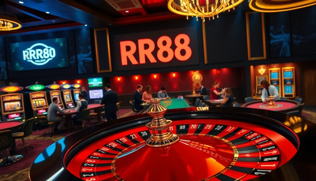 RR88 casino scene with roulette wheel and excited players betting.