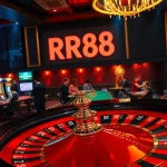 RR88 casino scene with roulette wheel and excited players betting.