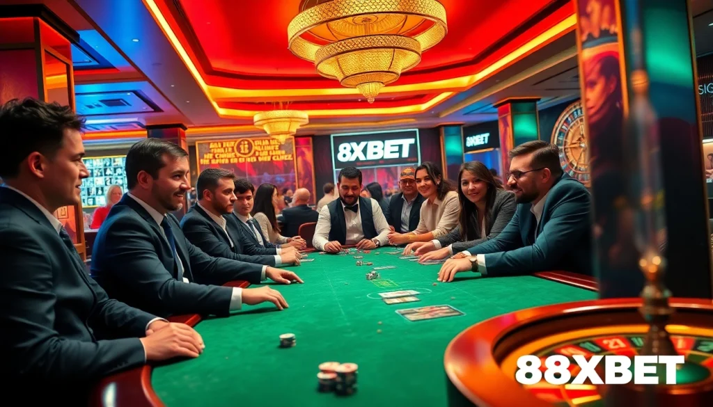 Players engaging in a high-stakes poker game at 8XBET, showcasing vibrant casino excitement and luxury.