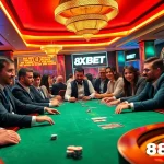 Players engaging in a high-stakes poker game at 8XBET, showcasing vibrant casino excitement and luxury.