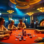 Experience the excitement of 8XBET at a lively poker table surrounded by eager players and gleaming casino décor.