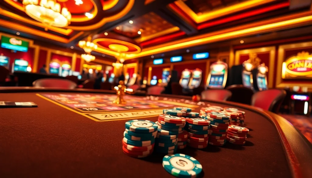 Experience the excitement of giải mã nhà cái uy tín at a luxurious casino with vibrant poker games and engaging action.